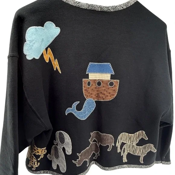 Unique Black Fleece Jacket Noah's Ark Animals Rainbow Applique Open Front Women - Picture 4 of 9
